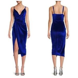 Double Crazy Blue Velvet Midi Dress Draped Front Slit Party Cocktail Medium